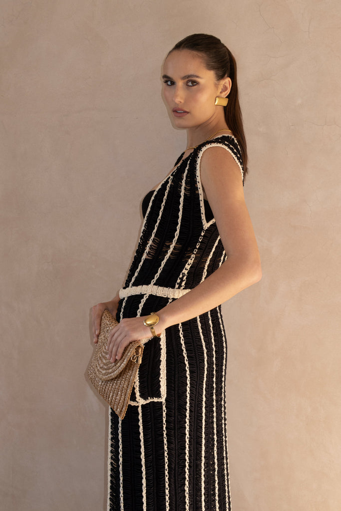 Black/Beige  Marcelle Crochet Maxi Dress
