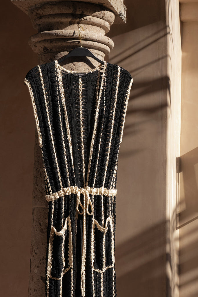 Black/Beige  Marcelle Crochet Maxi Dress
