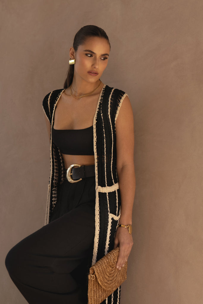 Black/Beige  Marcelle Crochet Maxi Dress