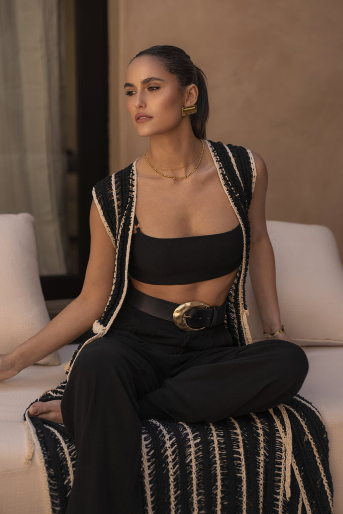 Black/Beige  Marcelle Crochet Maxi Dress