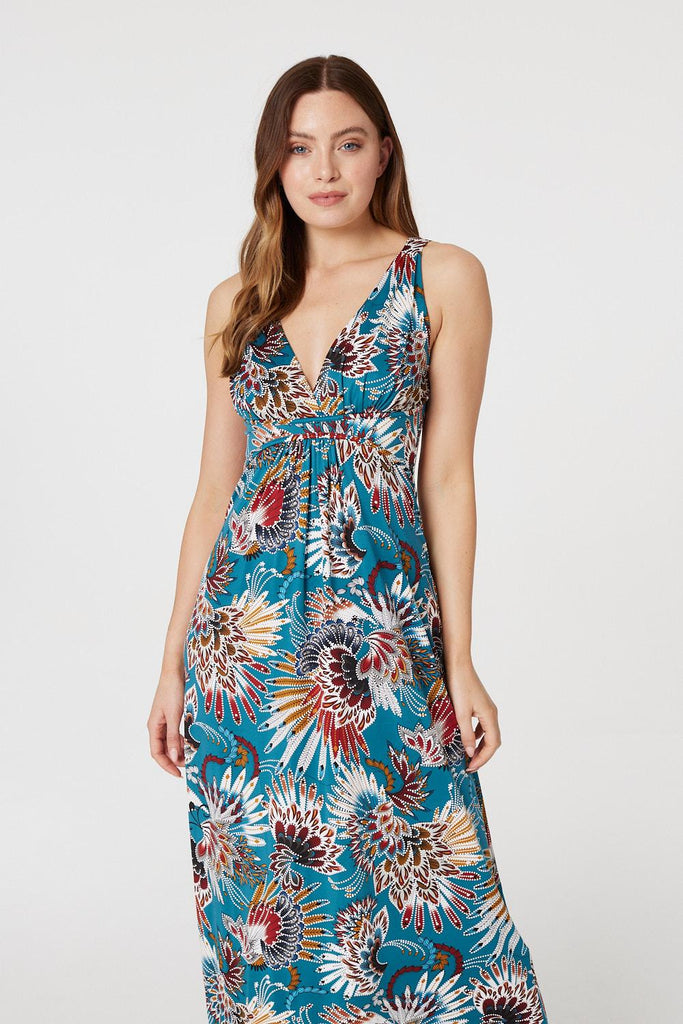 Feather Print Empire Maxi Dress