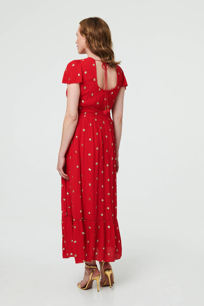 Sparkly Cap Sleeve Tassel Tie Maxi Dress