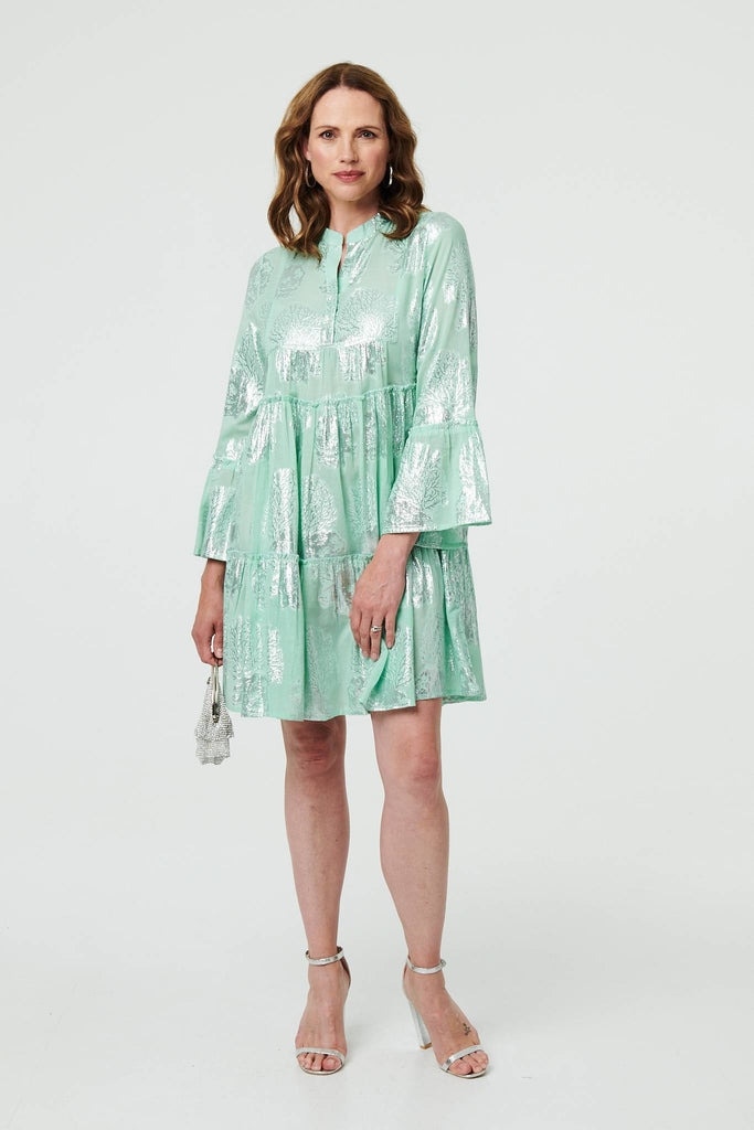Printed 3/4 Sleeve Tiered Short Dress
