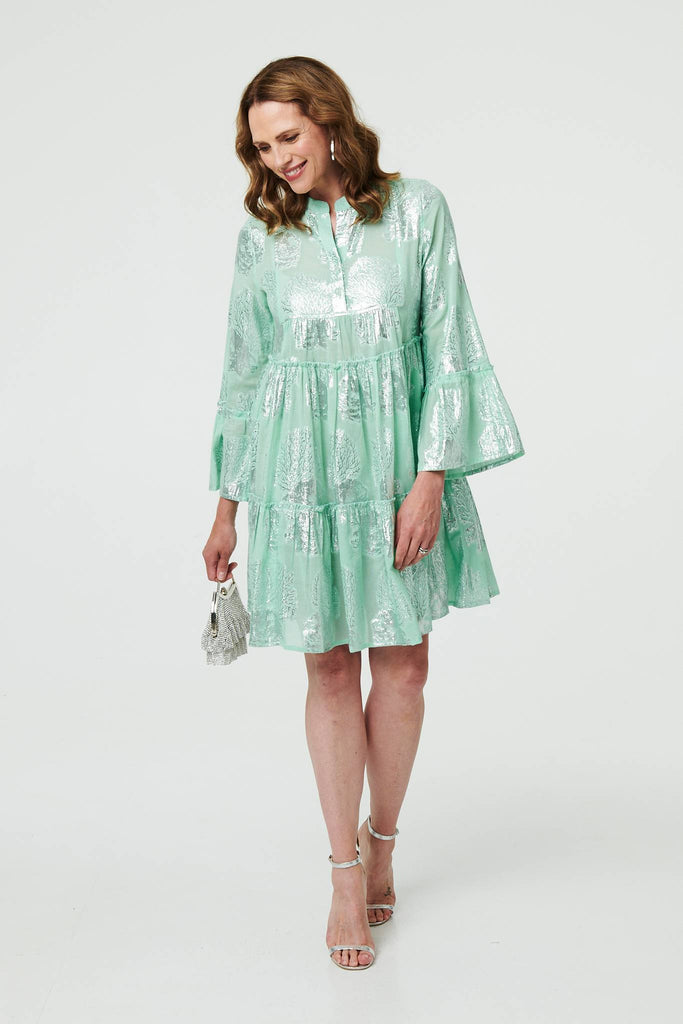 Printed 3/4 Sleeve Tiered Short Dress