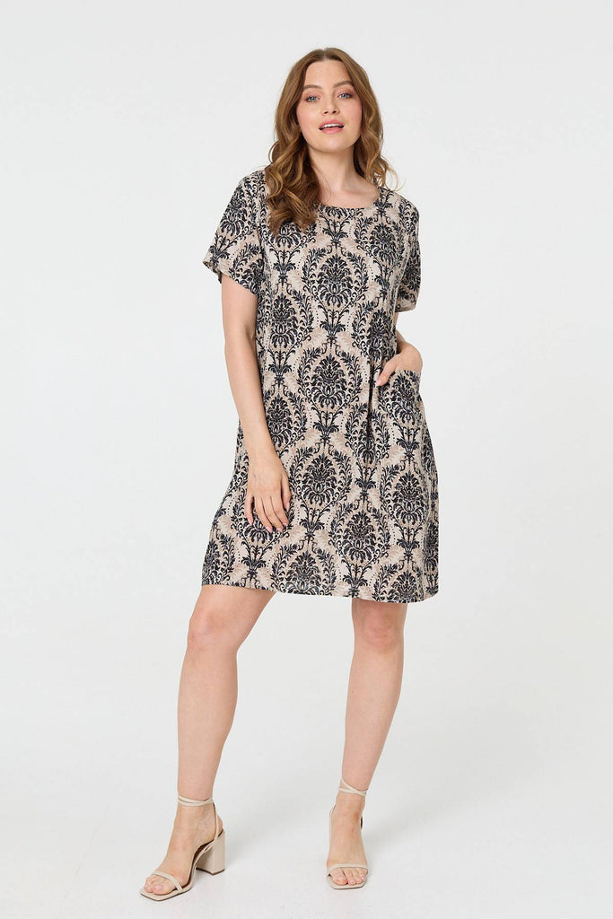 Baroque Print Relaxed Short Shift Dress
