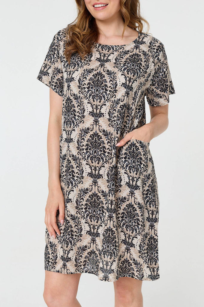 Baroque Print Relaxed Short Shift Dress