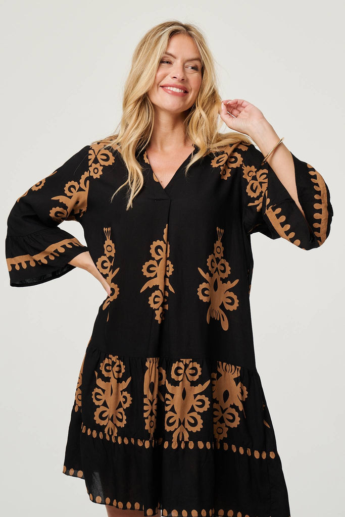 Ikat Print Tiered Knee Length Dress