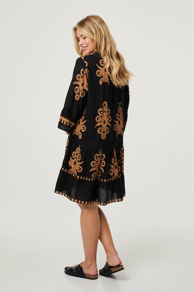 Ikat Print Tiered Knee Length Dress