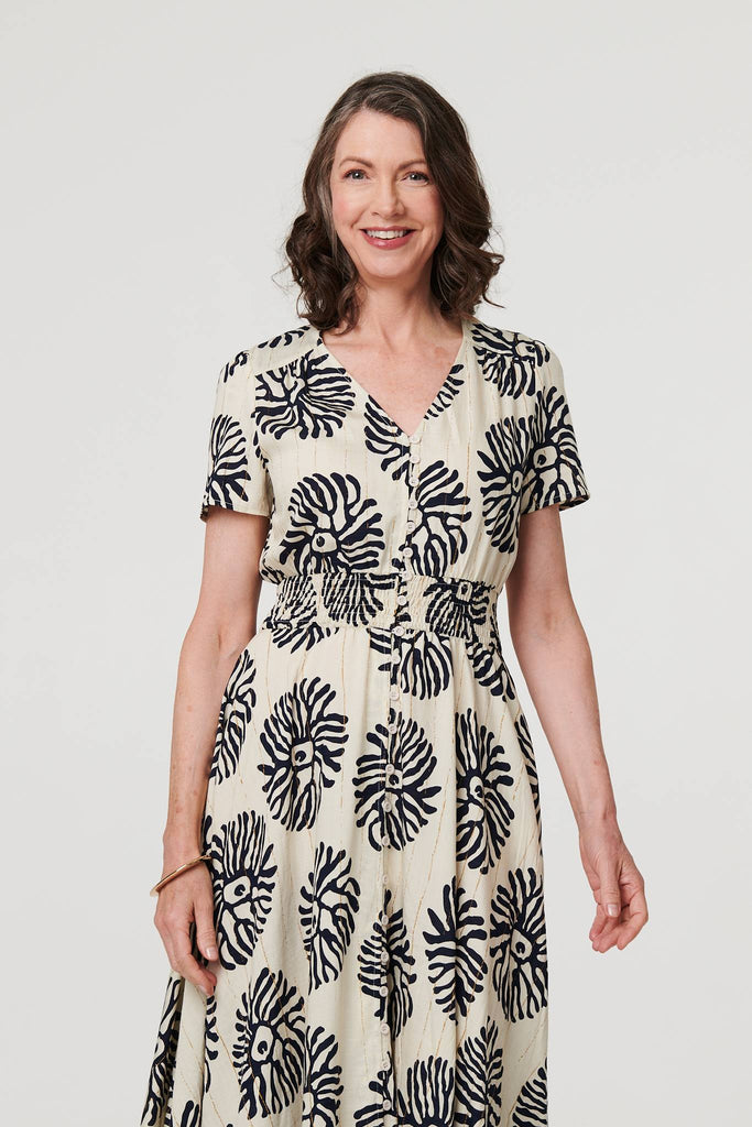 Printed Short Sleeve Shirred Maxi Dress