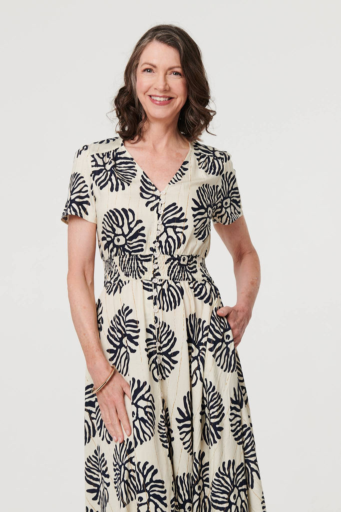 Printed Short Sleeve Shirred Maxi Dress