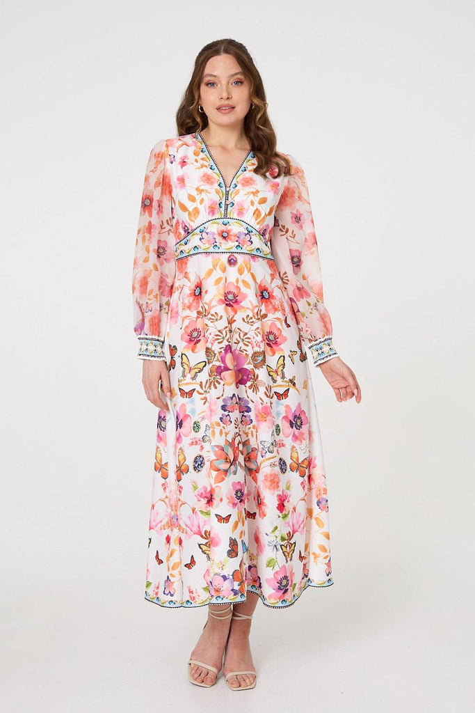 Pink Floral Border Print Empire Midi Dress