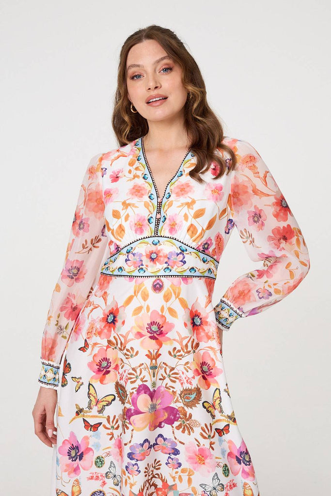 Pink Floral Border Print Empire Midi Dress