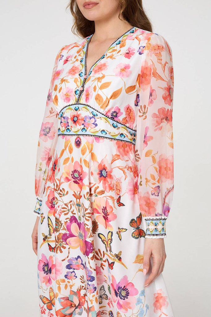 Pink Floral Border Print Empire Midi Dress