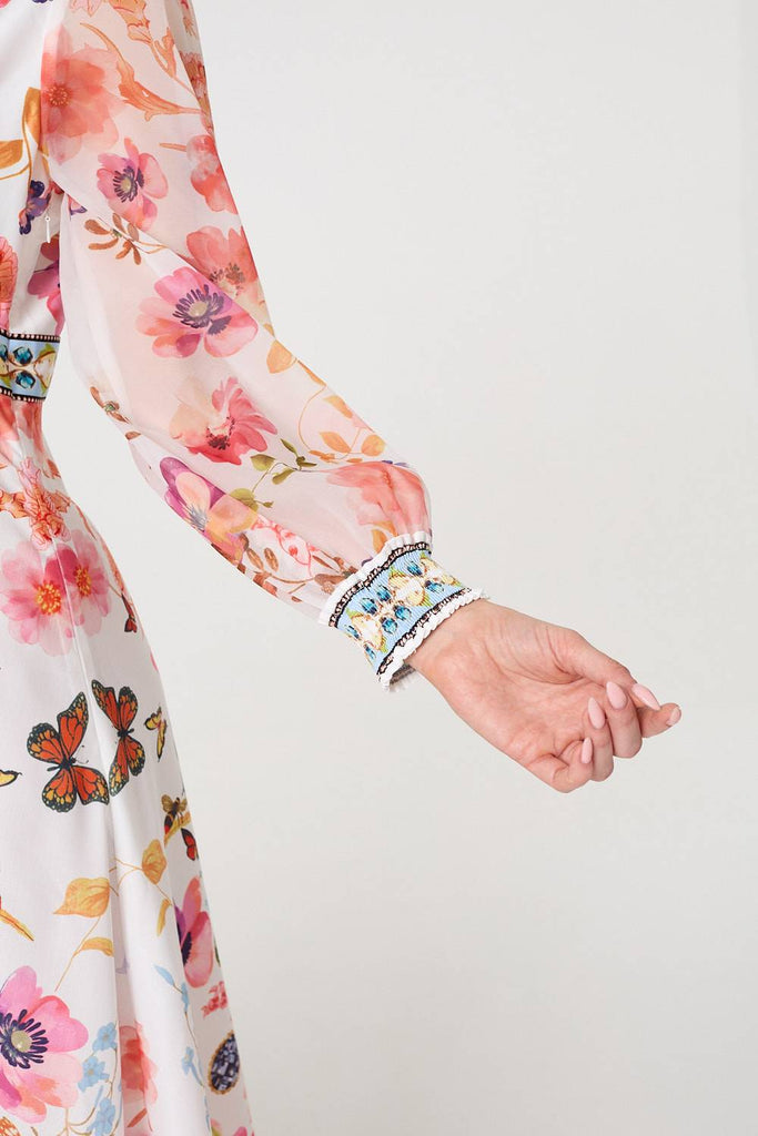 Pink Floral Border Print Empire Midi Dress