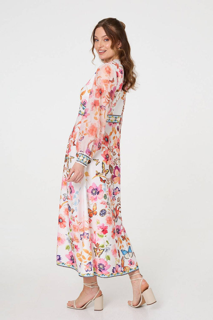 Pink Floral Border Print Empire Midi Dress