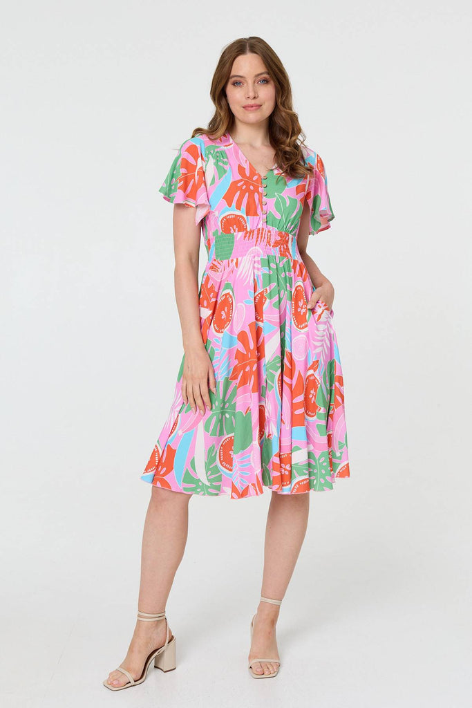 Abstract Shirred Knee Length Dress