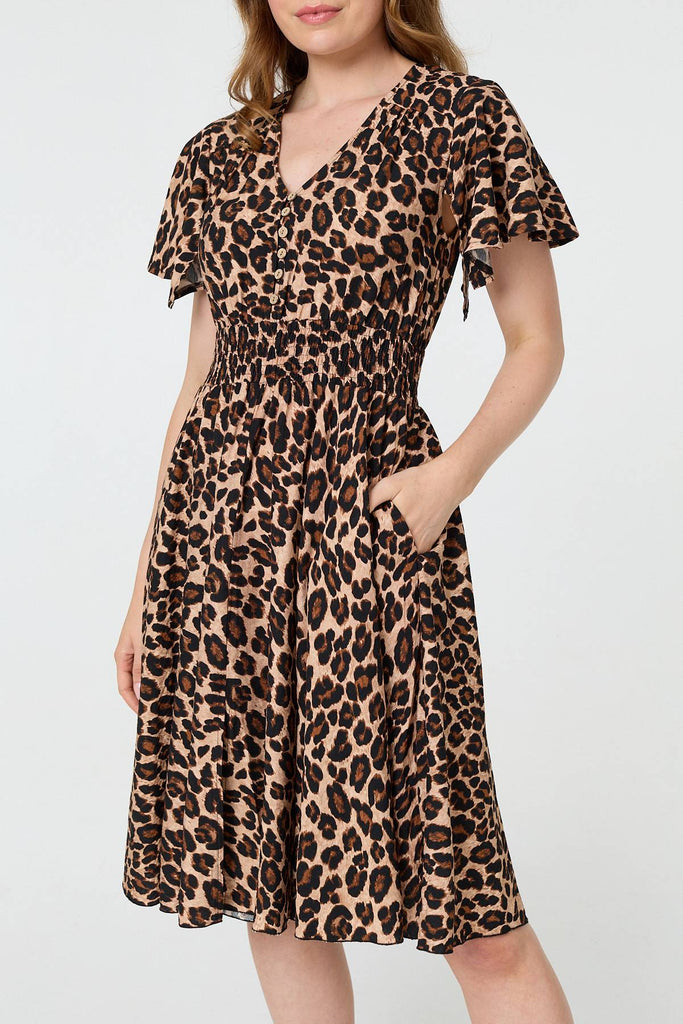 Animal Print Shirred Knee Length Dress
