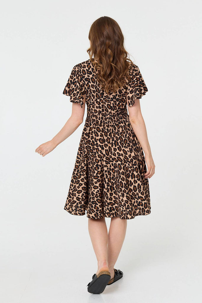 Animal Print Shirred Knee Length Dress