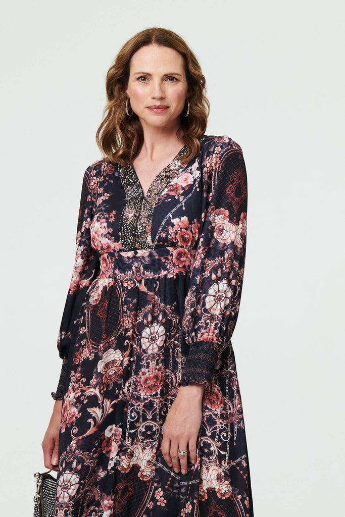 Printed Long Sleeve Empire Maxi Dress