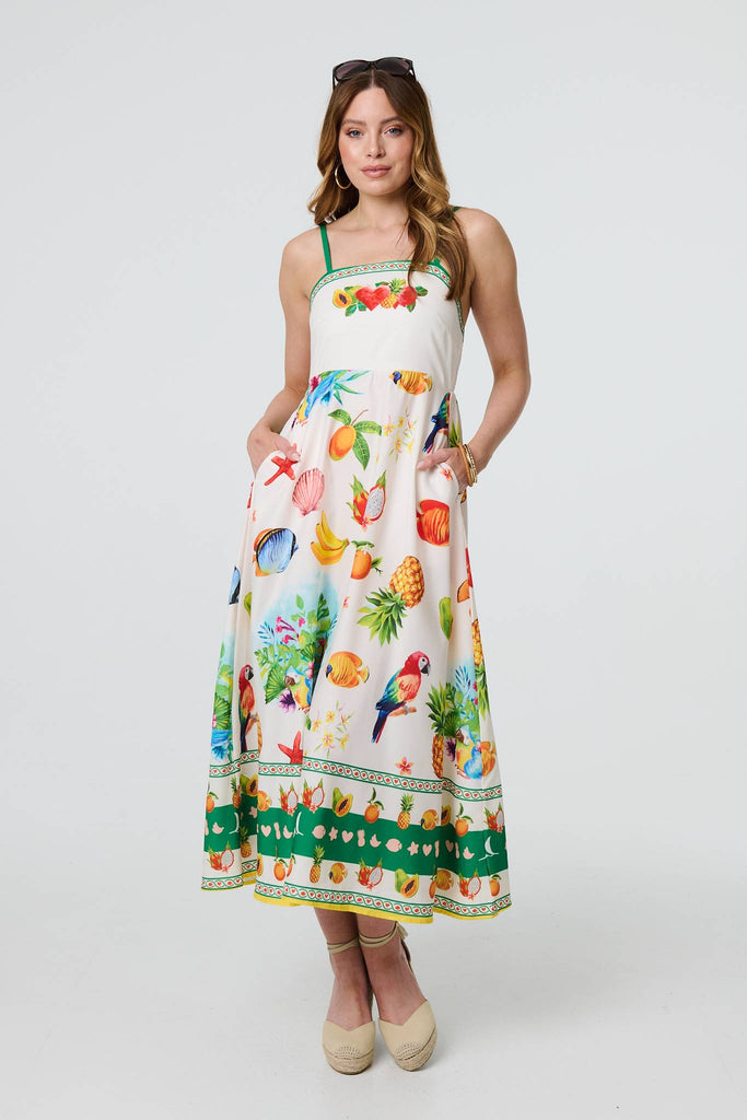 Border Print Cami Strap Midi Dress