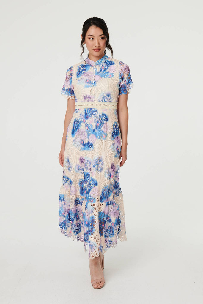 Floral Lace Trim High Neck Maxi Dress