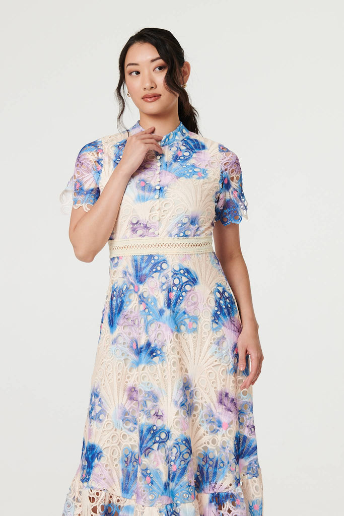 Floral Lace Trim High Neck Maxi Dress