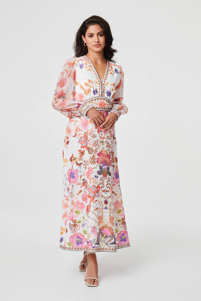 Floral Sheer Sleeve Empire Maxi Dress
