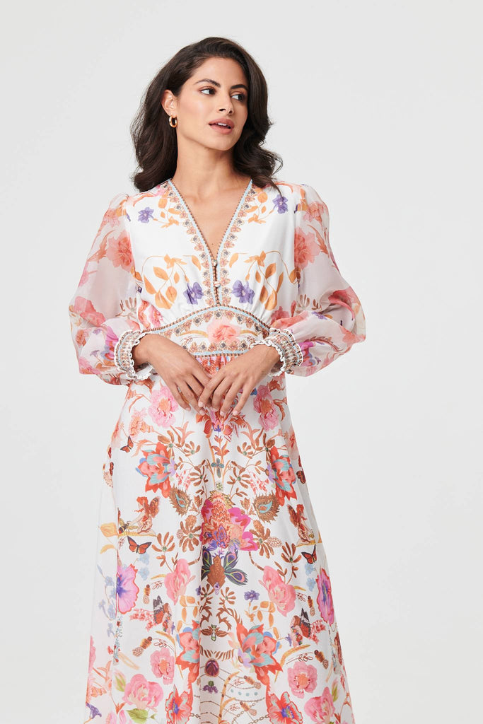 Floral Sheer Sleeve Empire Maxi Dress