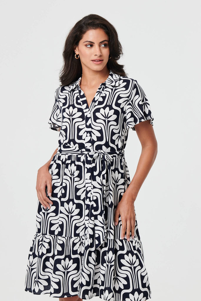 Printed Short Sleeve Mini Shirt Dress