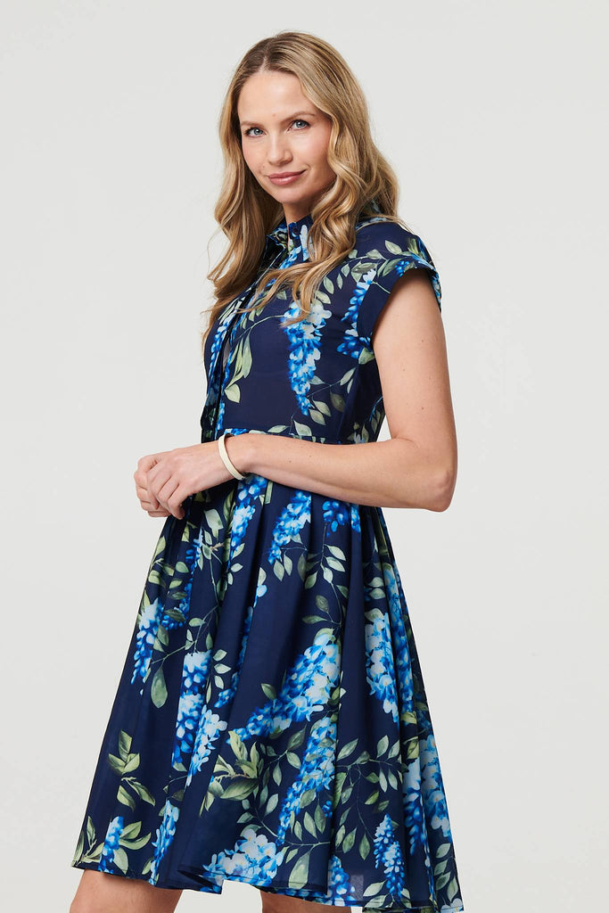 Floral Cap Sleeve Pleated Short Dress