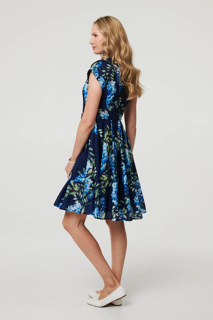 Floral Cap Sleeve Pleated Short Dress