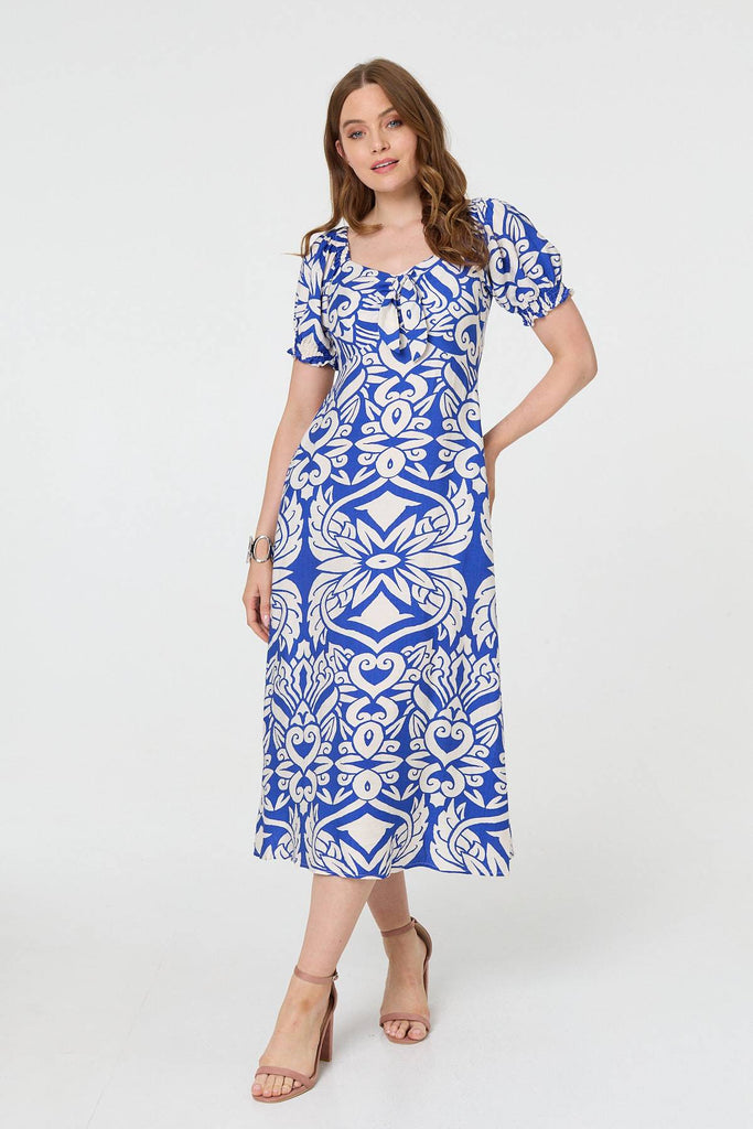 Printed Puff Sleeve A-Line Midi Dress