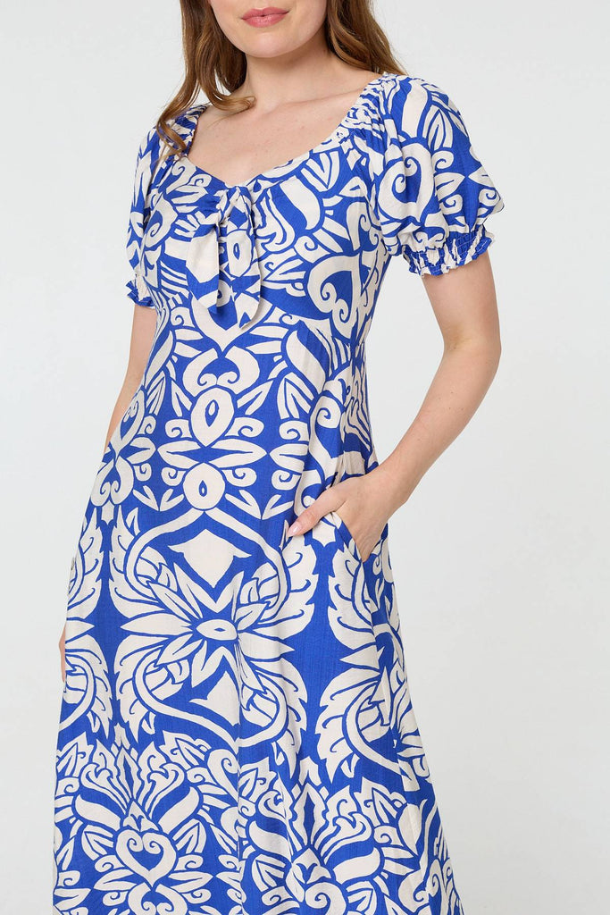 Printed Puff Sleeve A-Line Midi Dress