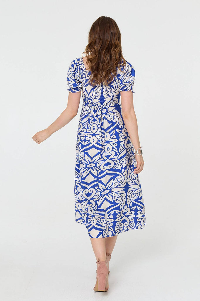 Printed Puff Sleeve A-Line Midi Dress