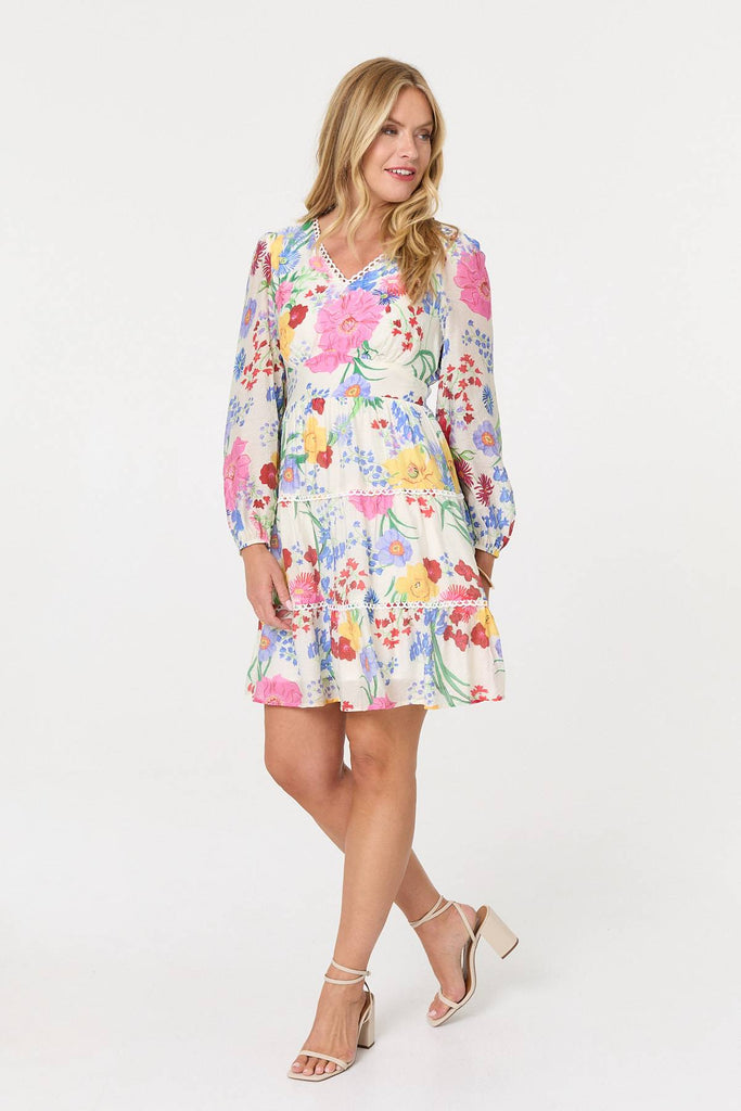 Floral Long Sleeve Tiered Short Dress