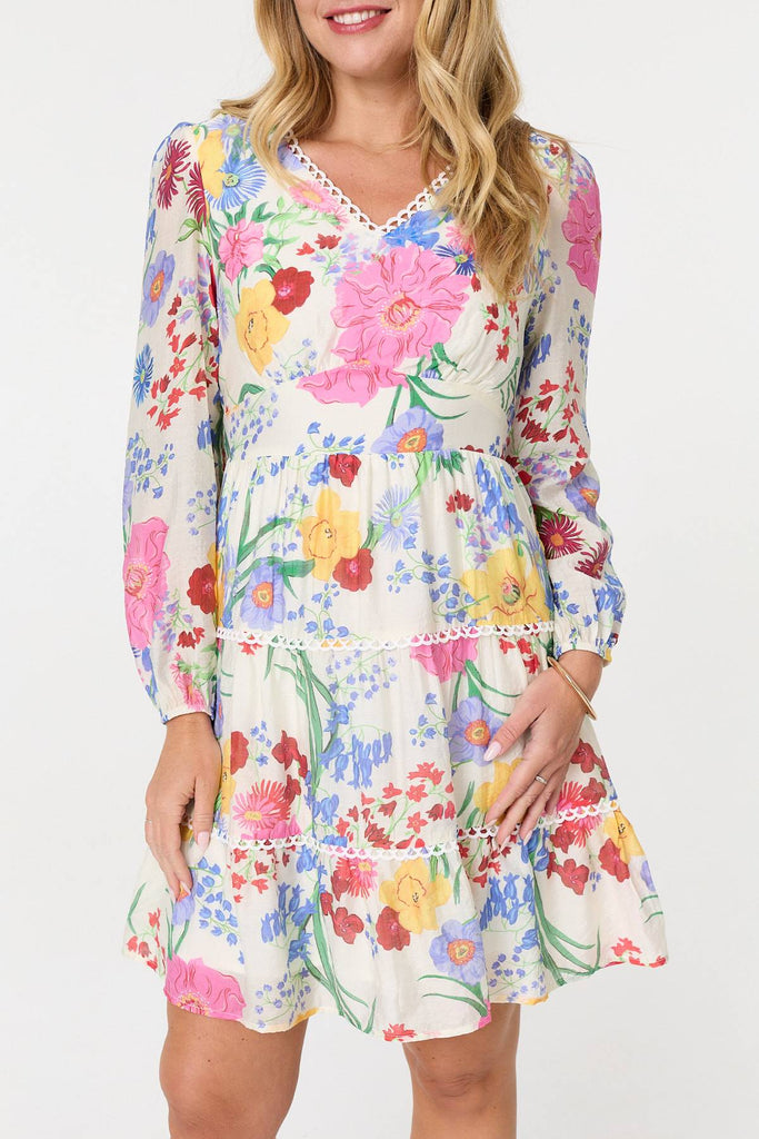 Floral Long Sleeve Tiered Short Dress