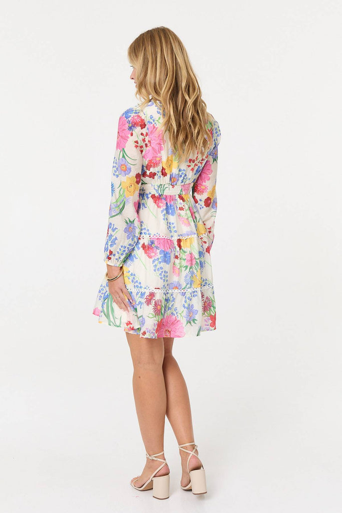 Floral Long Sleeve Tiered Short Dress