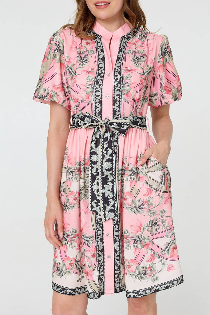 Border Print Tie Waist Short Dress