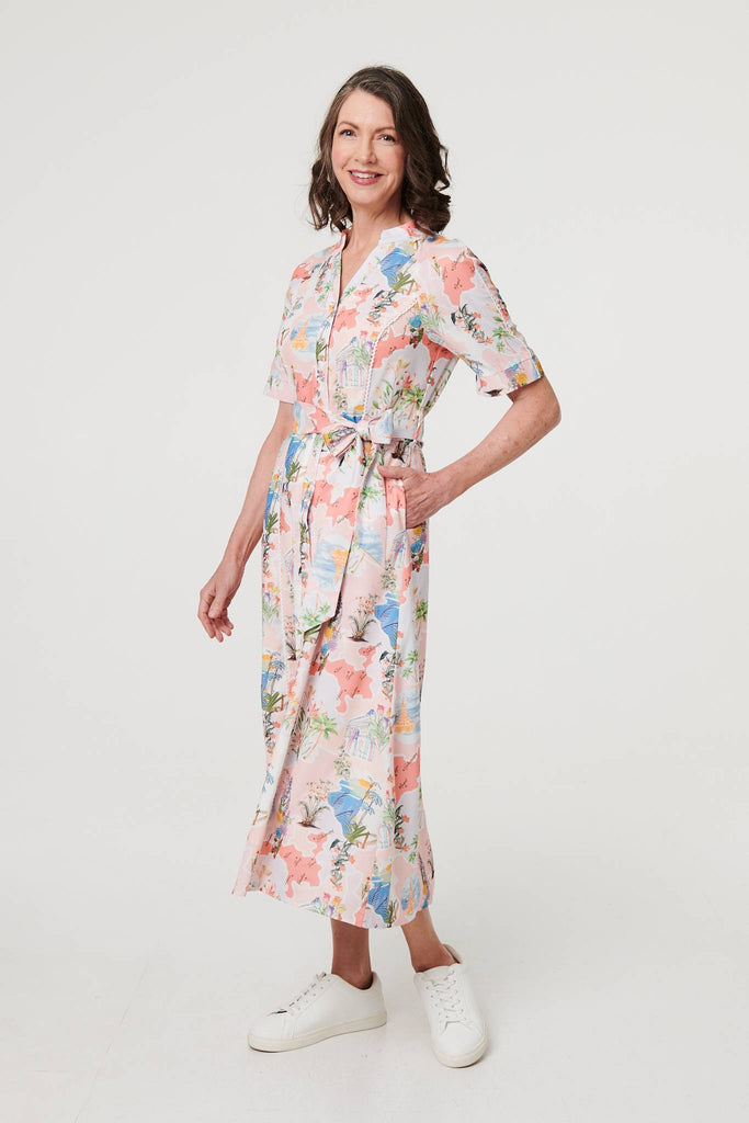 Printed Tie Waist 1/2 Sleeve Midi Dress