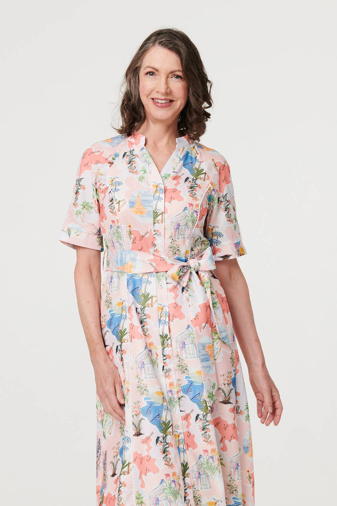 Printed Tie Waist 1/2 Sleeve Midi Dress