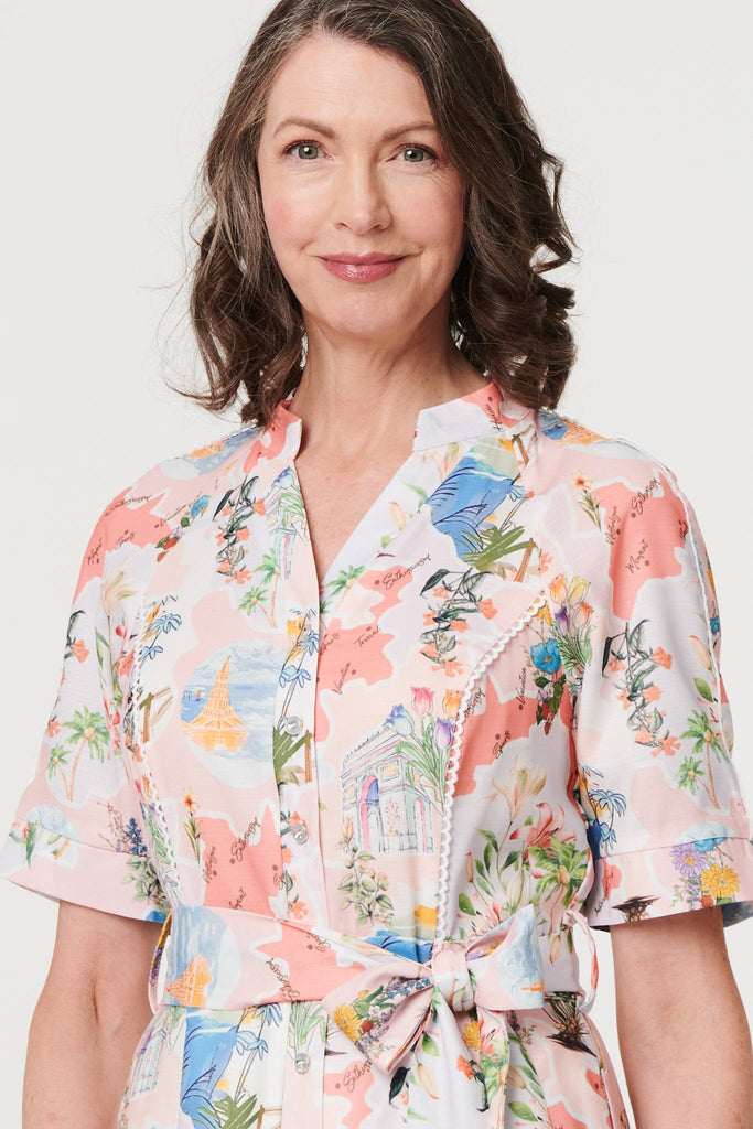Printed Tie Waist 1/2 Sleeve Midi Dress