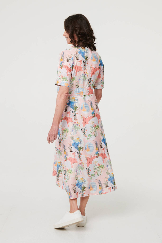 Printed Tie Waist 1/2 Sleeve Midi Dress