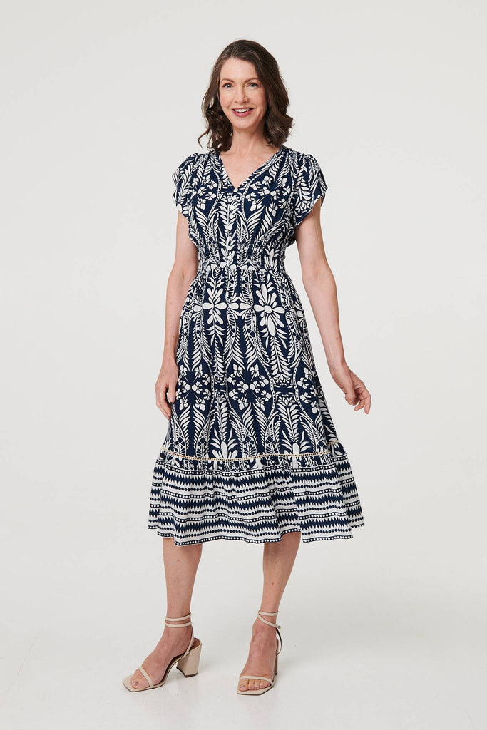 Printed Cap Sleeve Shirred Midi Dress