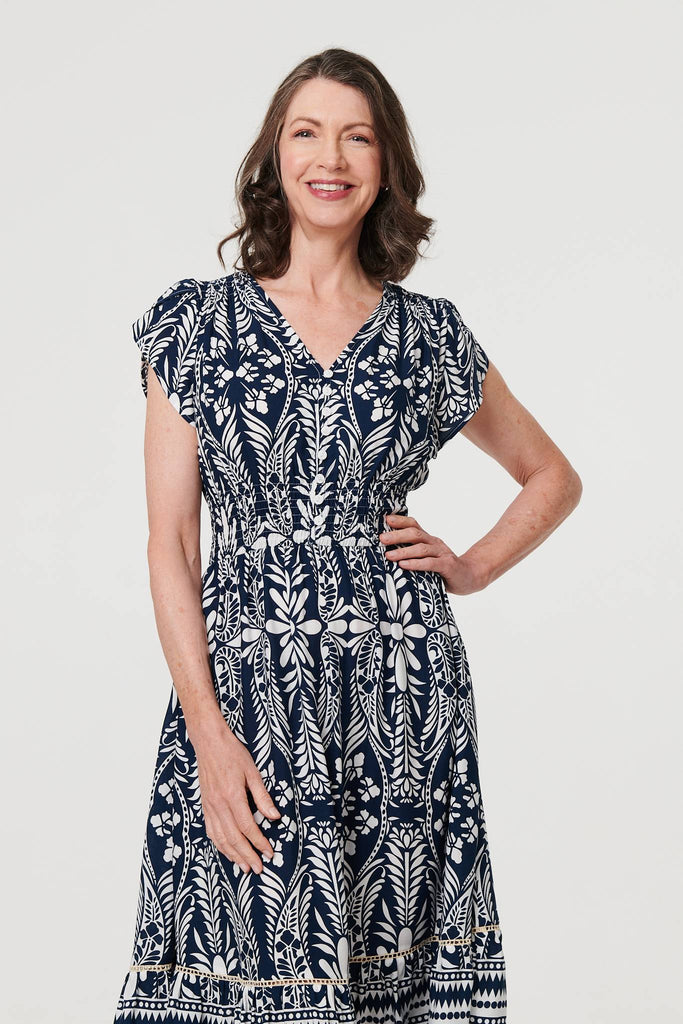 Printed Cap Sleeve Shirred Midi Dress
