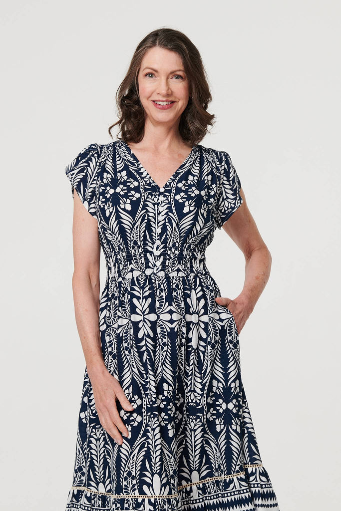 Printed Cap Sleeve Shirred Midi Dress