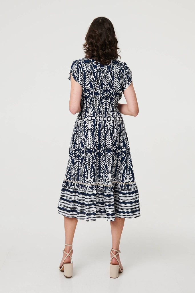 Printed Cap Sleeve Shirred Midi Dress