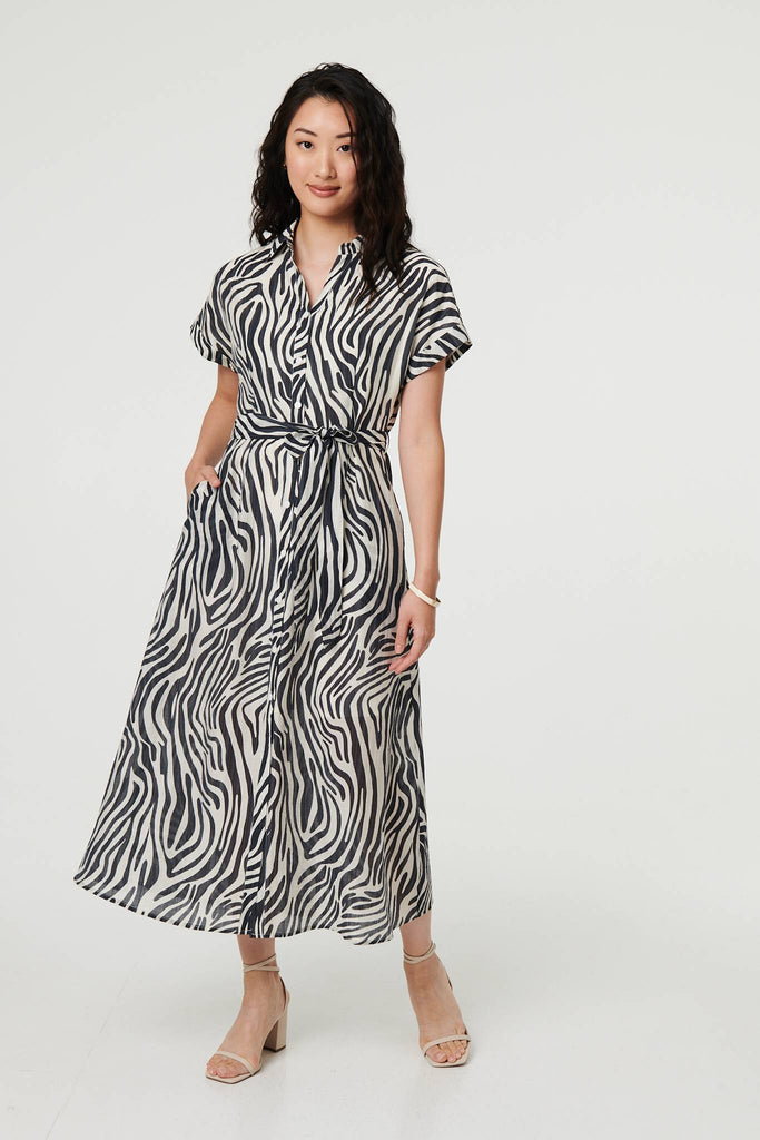 Zebra Print Tie Waist Midi Shirt Dress