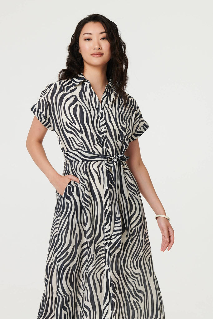 Zebra Print Tie Waist Midi Shirt Dress