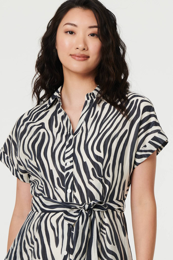 Zebra Print Tie Waist Midi Shirt Dress