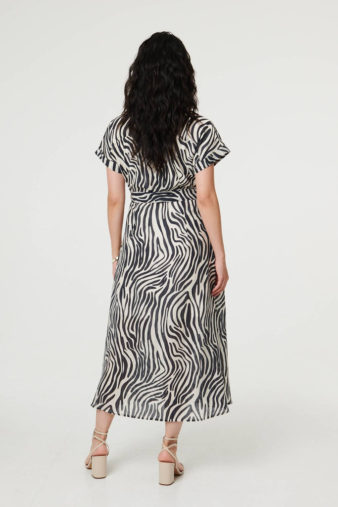 Zebra Print Tie Waist Midi Shirt Dress